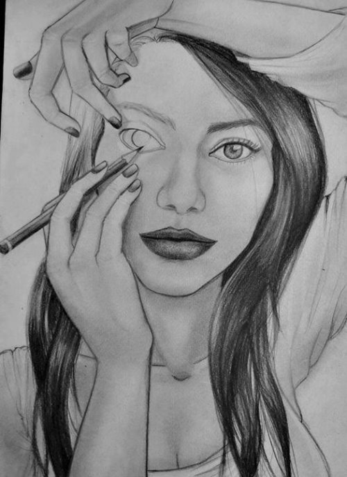 нарисованная девушка рисует себе глаз