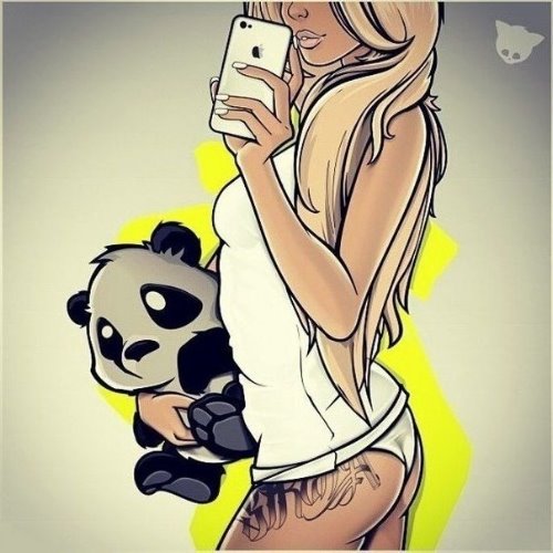срисовка девушки блондинки селфи с айфоном и пандой