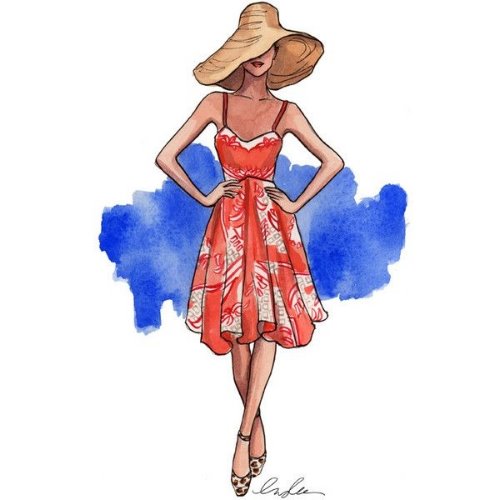 акварельная девушка без лица в шляпе и красном летнем платье
