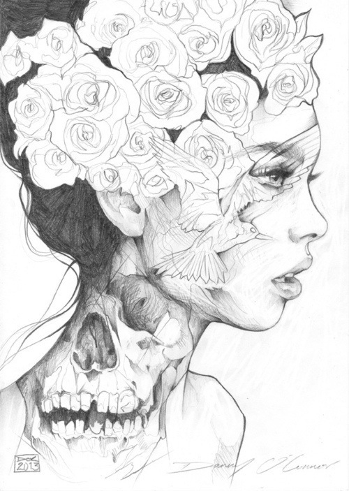 рисунок в рисунке для срисовки девушка в профиль птицы череп цветы