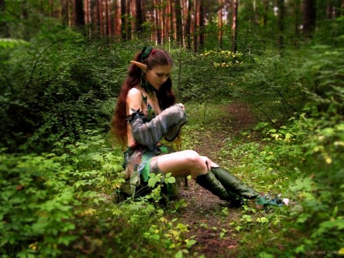 девушка эльфийка сидит на пеньке в лесу