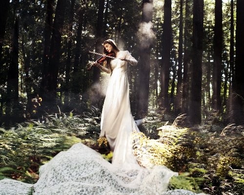 девушка в длинном платье играет на скрипке в солнечных лучах в лесу на поляне