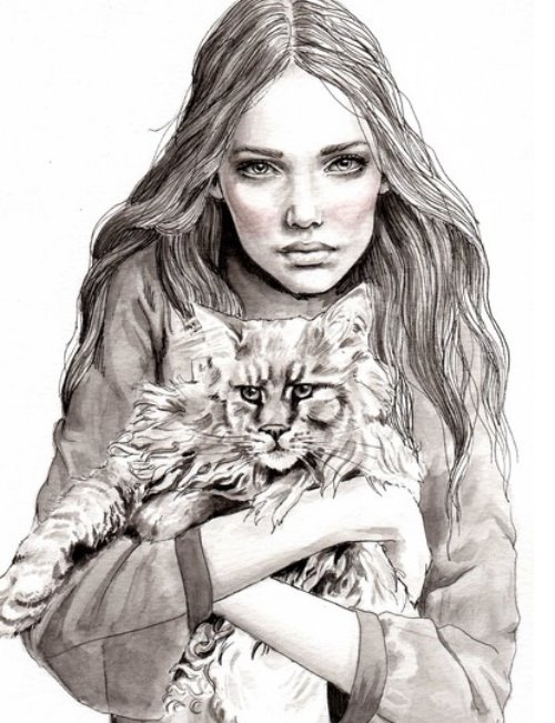фешн иллюстрация акварелями девушка модель с кошкой