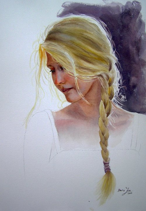 рисунок девушки блондинки с косичкой акварель