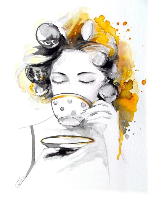 легкий рисунок девушка с бигуди пьет чай акварелью