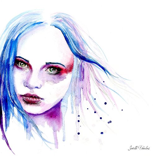 портрет в синих тонах акварелью девушка