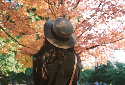 девушка со спины под деревом в шляпе