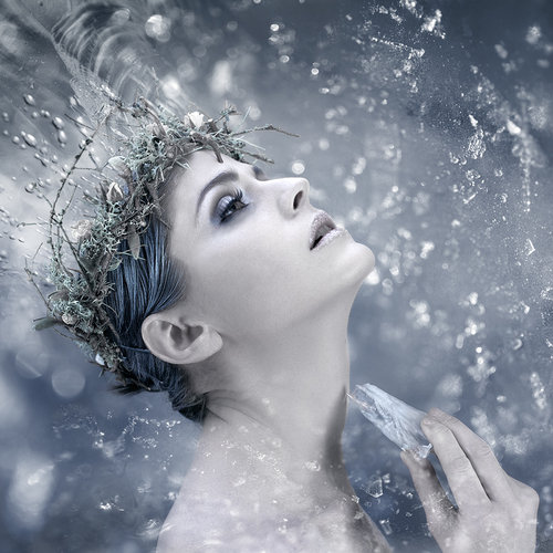 девушка в венке из веток деревьев среди кусочком льда идея для зимней фотосессии снежная королева