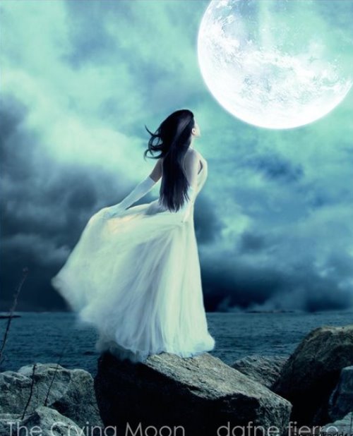 девушка в свадебном платье на берегу моря смотрит на луну