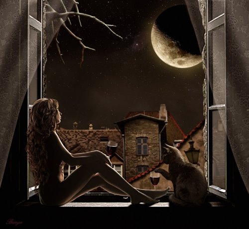 голая девушка с кошкой на подоконнике смотрит на луну