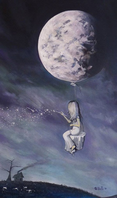 девушка на луне воздушном шаре рисует звезды