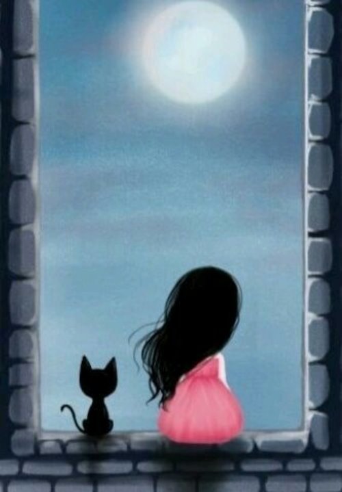 брюнетка с черной кошкой смотрят на луну