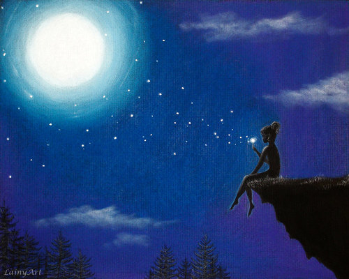 фея сидит на обрыве ночью под луной