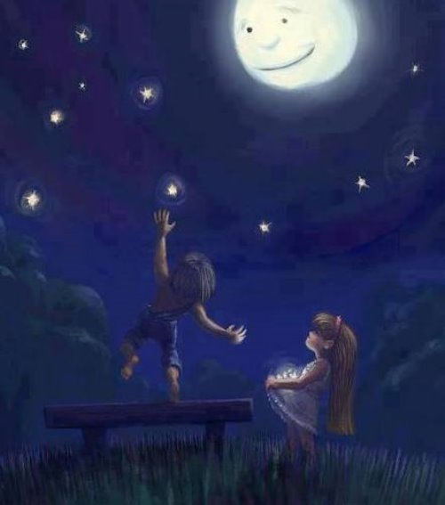 мальчик достает с неба звезды девочке в платье под луной