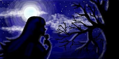силуэт девушки ночью в лесу под луной