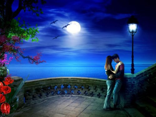 нарисованные влюбленные ночью под луной