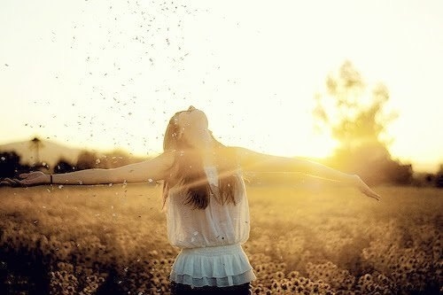 Девушка в белой полупрозрачной блузке радуется раскинув руки в стороны в солнечных лучах на поле.