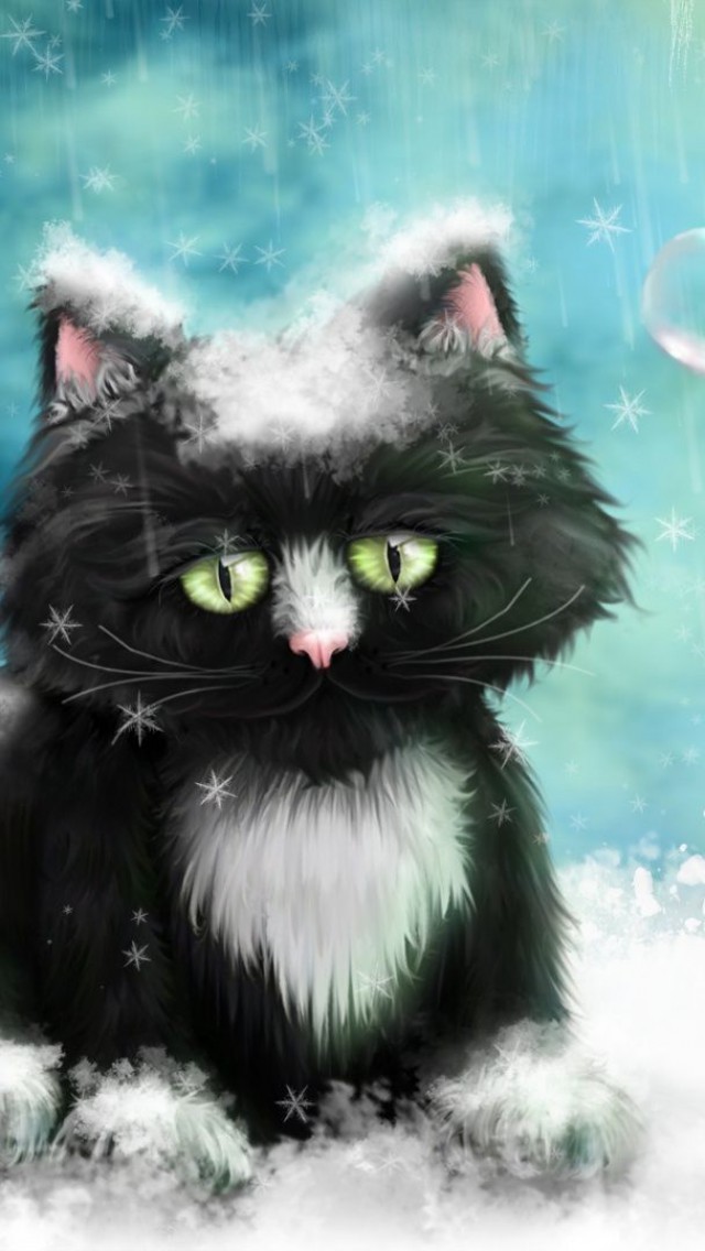 черный кот припорошен снегом