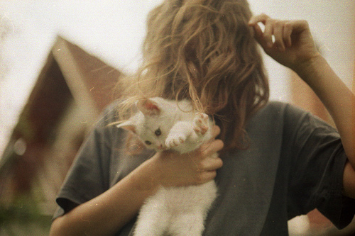Девушка с вьющимися волосами держит белого котенка