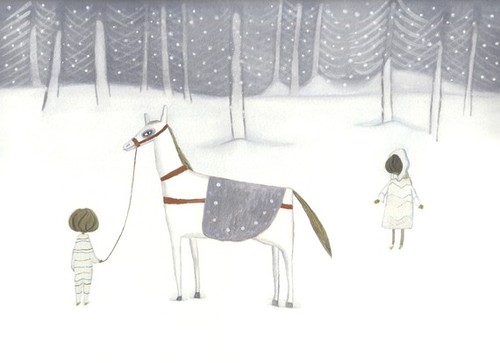 Рисунок зимой две девушки и лошадь