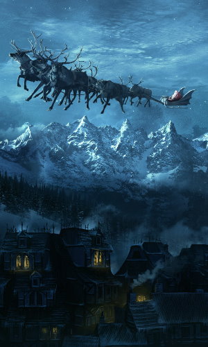 Санта Клаус в небе с оленями над ночным зимним городом